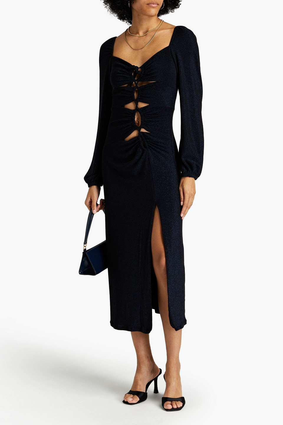 Shop Nicholas Whitney Gathered Cutout Metallic Jersey Midi Dress In Navy