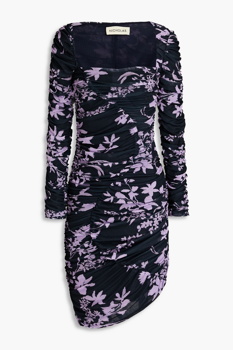 Asymmetric floral-print stretch-mesh mini dress