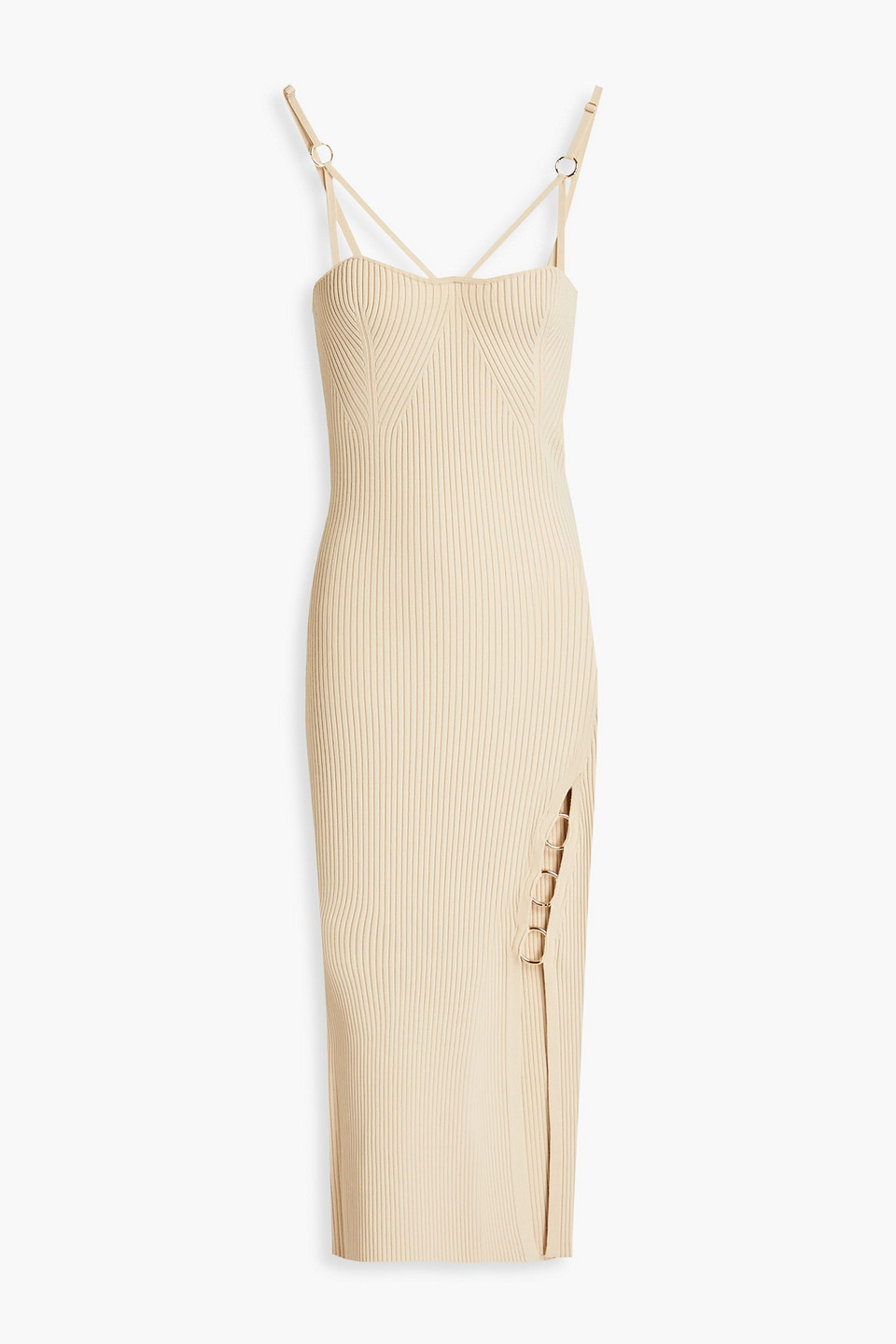 Nicholas Jules Embellished Cutout Ribbed-knit Midi Dress In Beige