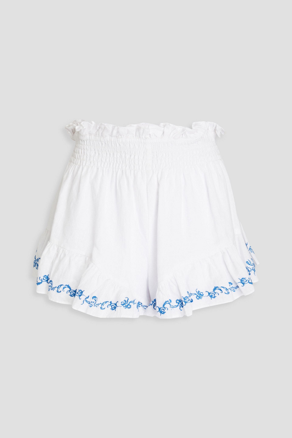 CAROLINE CONSTAS RUFFLED EMBROIDERED LINEN-CANVAS SHORTS,3074457345633132168
