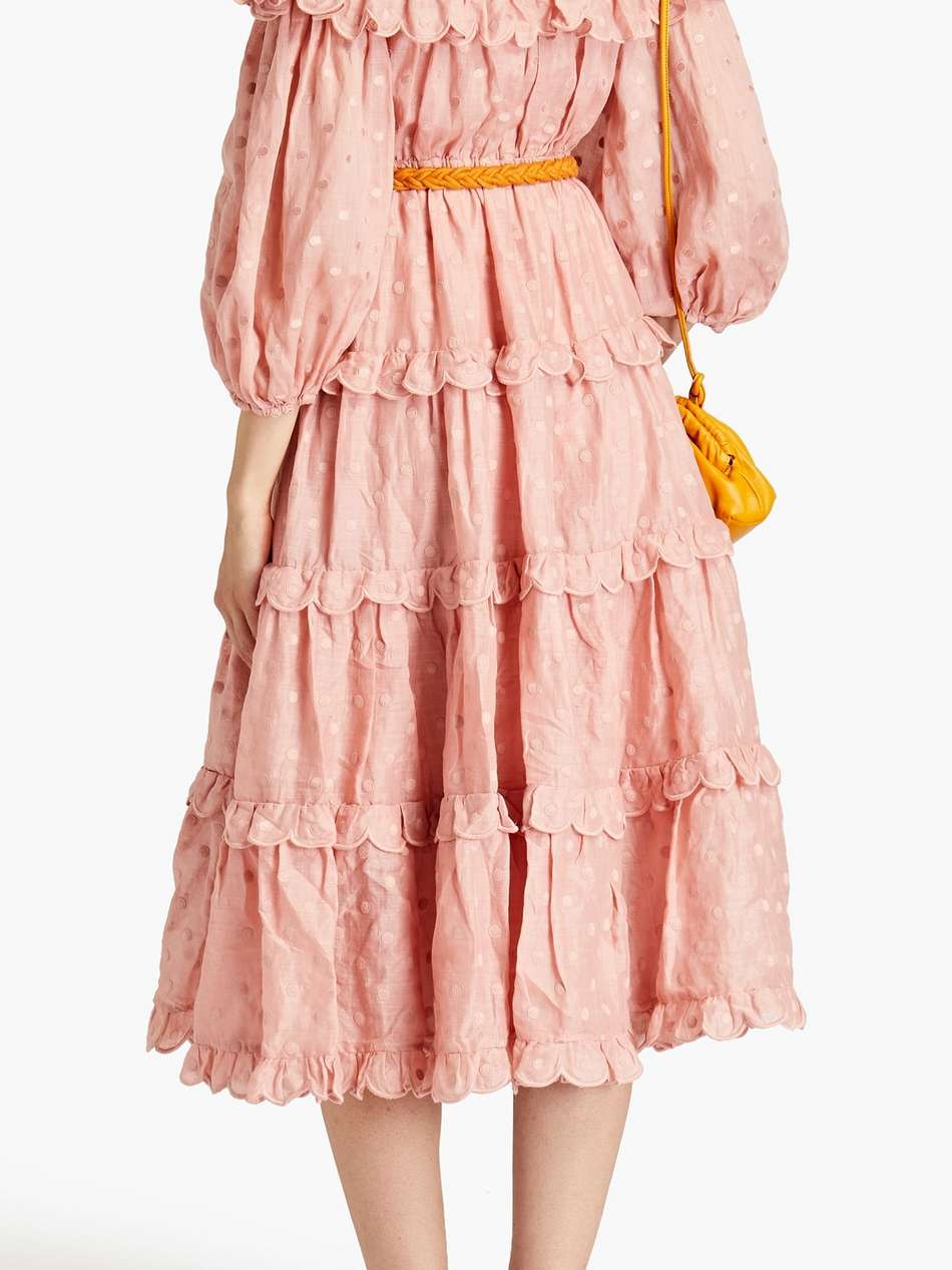 cold-shoulder tiered embroidered ramie midi dress