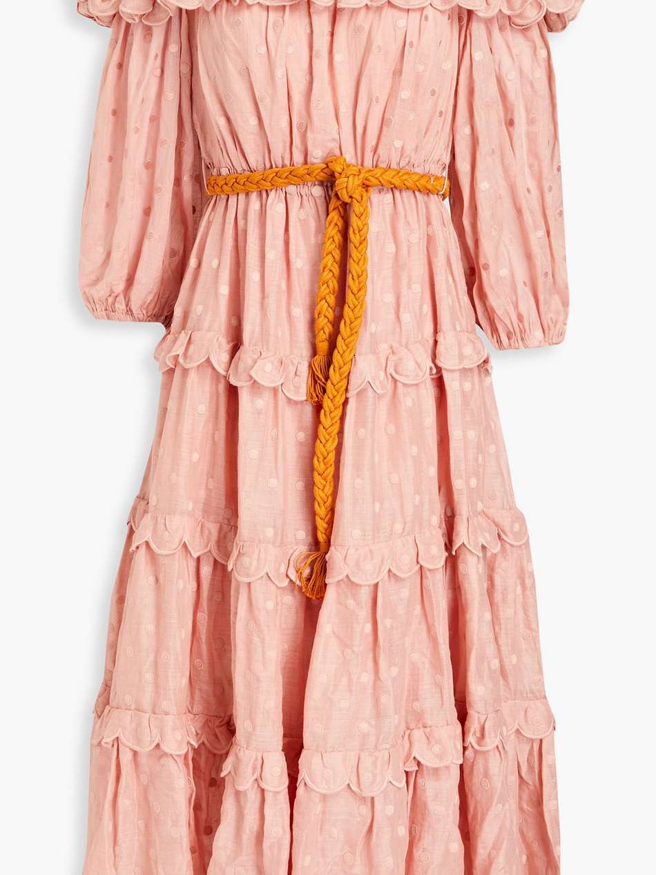 cold-shoulder tiered embroidered ramie midi dress