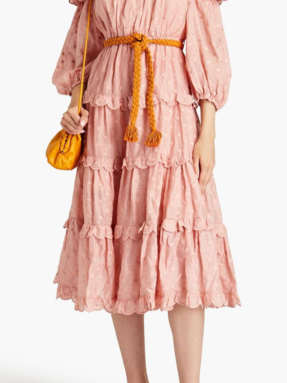 cold-shoulder tiered embroidered ramie midi dress