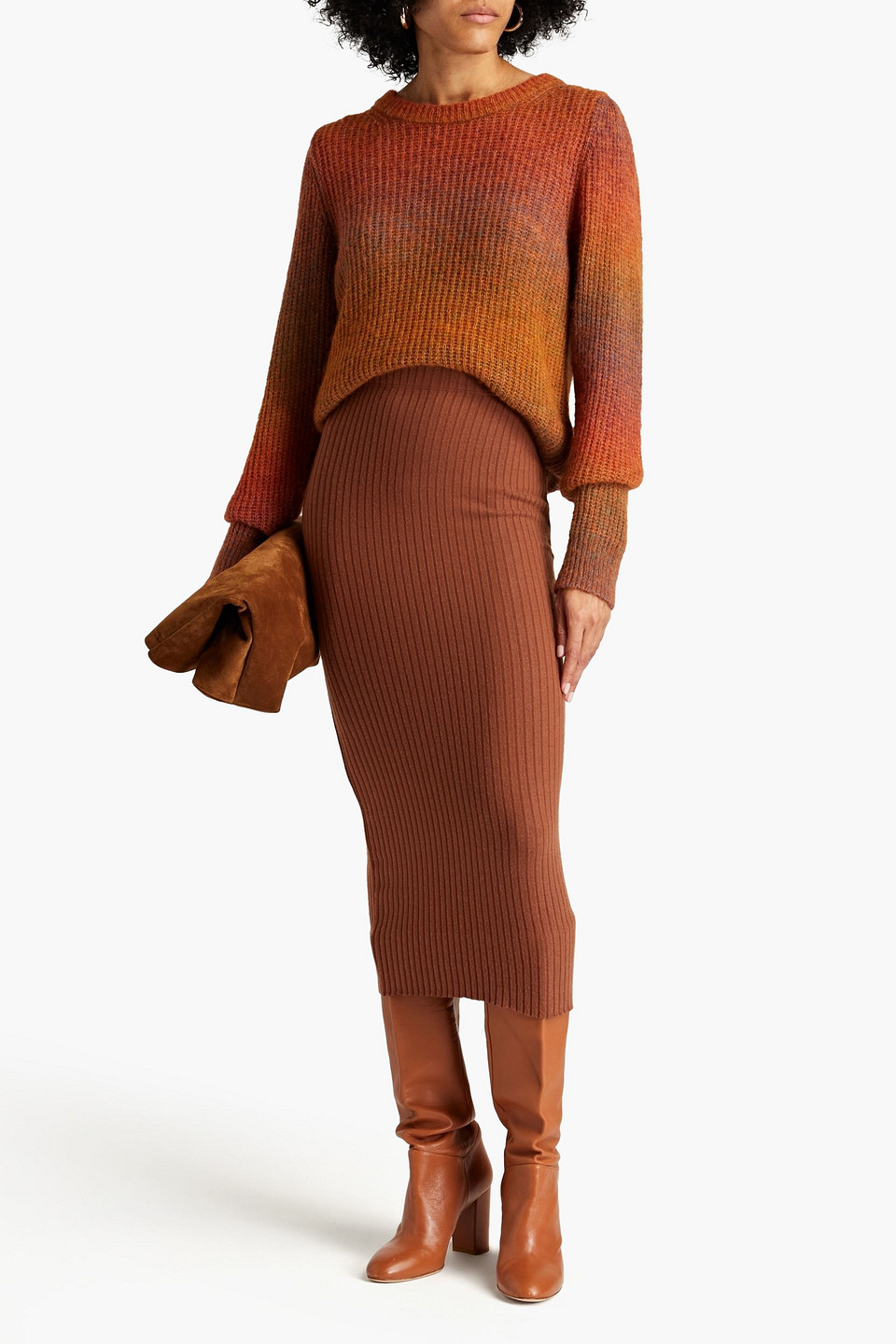 Shop Enza Costa Ribbed-knit Midi Skirt In Brown