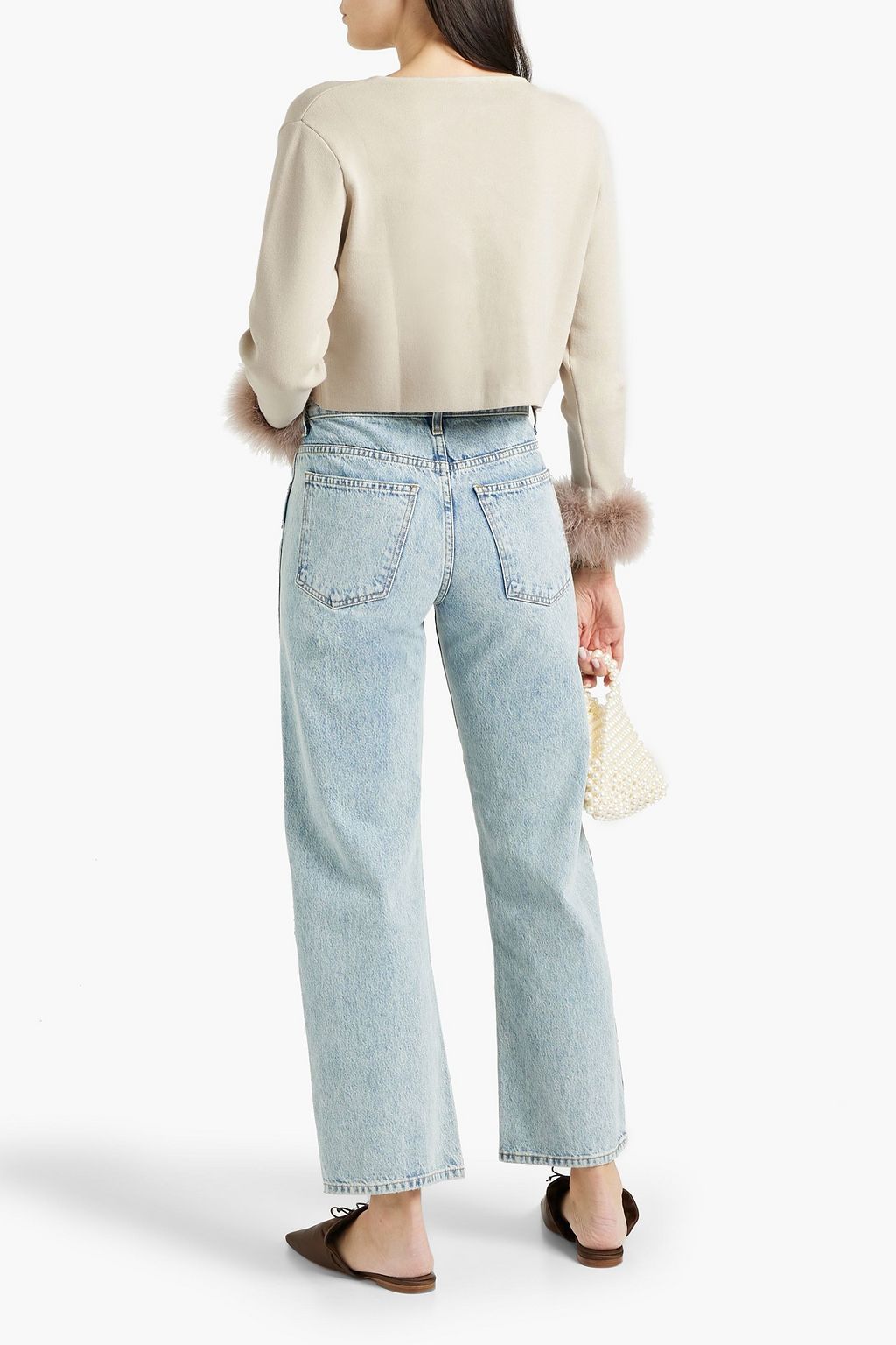 SLEEPER Cropped feather-embellished knitted cardigan