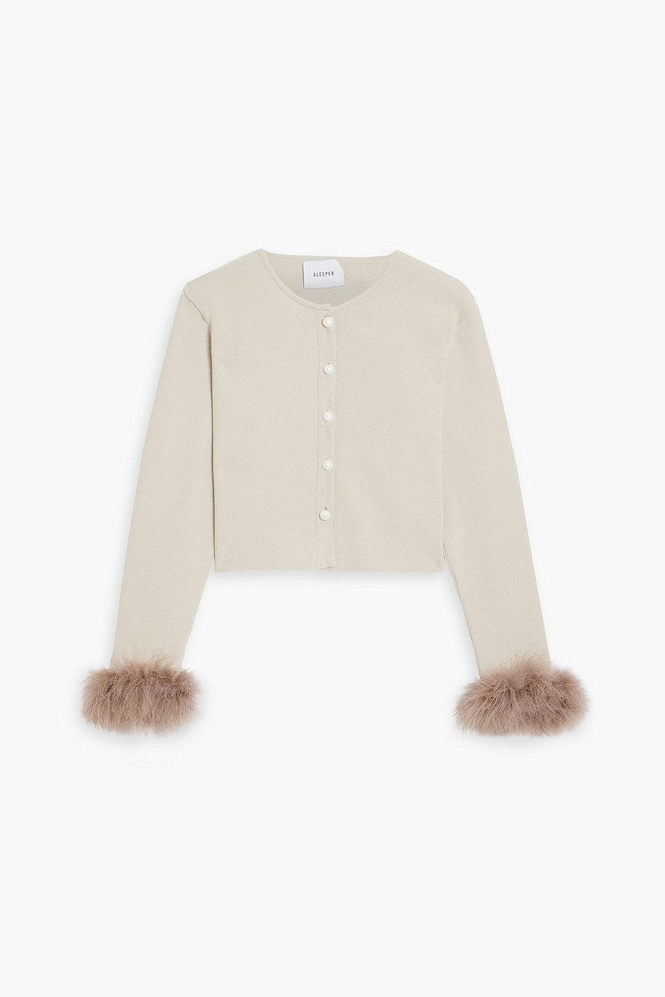 Sleeper Feather-trimmed Cropped Knitted Cardigan In Beige