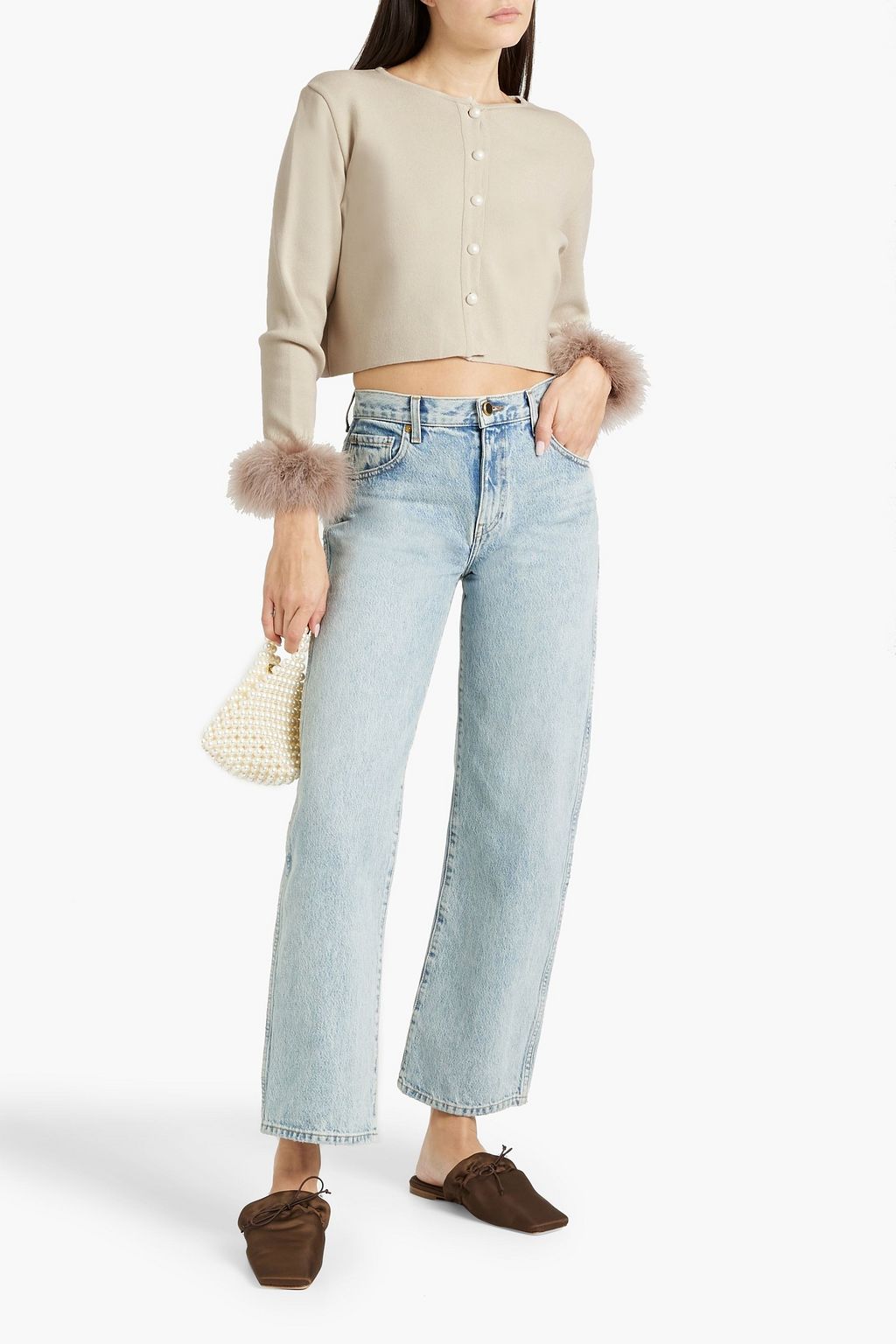 SLEEPER Cropped feather-embellished knitted cardigan