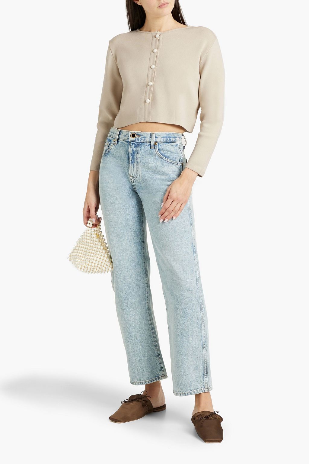 SLEEPER Cropped feather-embellished knitted cardigan