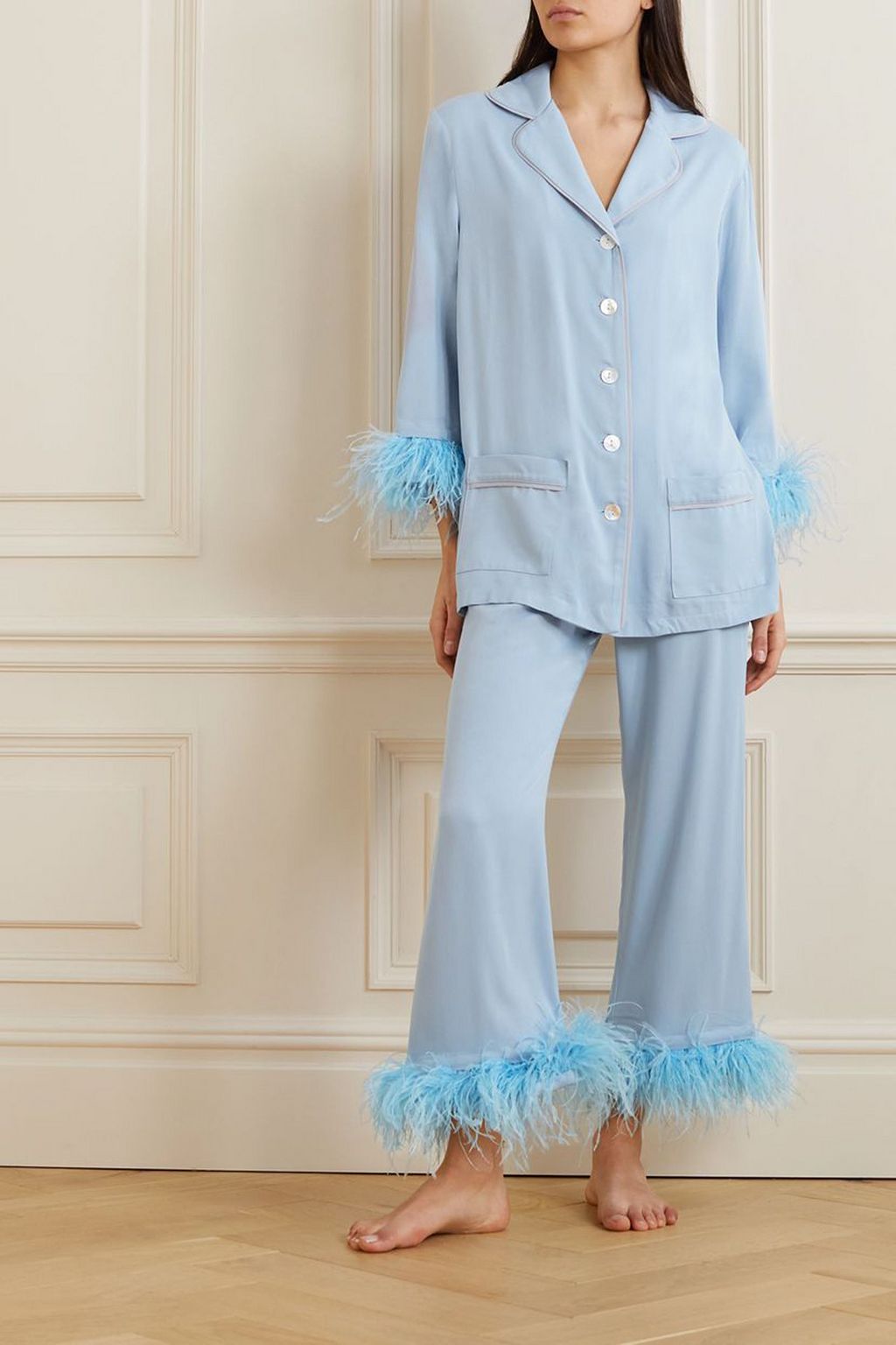 SLEEPER Feather-trimmed twill pajama set