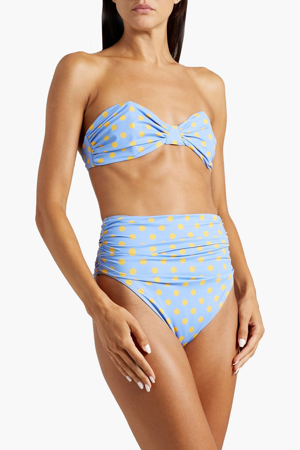 Shop Caroline Constas Sutton Ruched Polka-dot High-rise Bikini Briefs In Light Blue