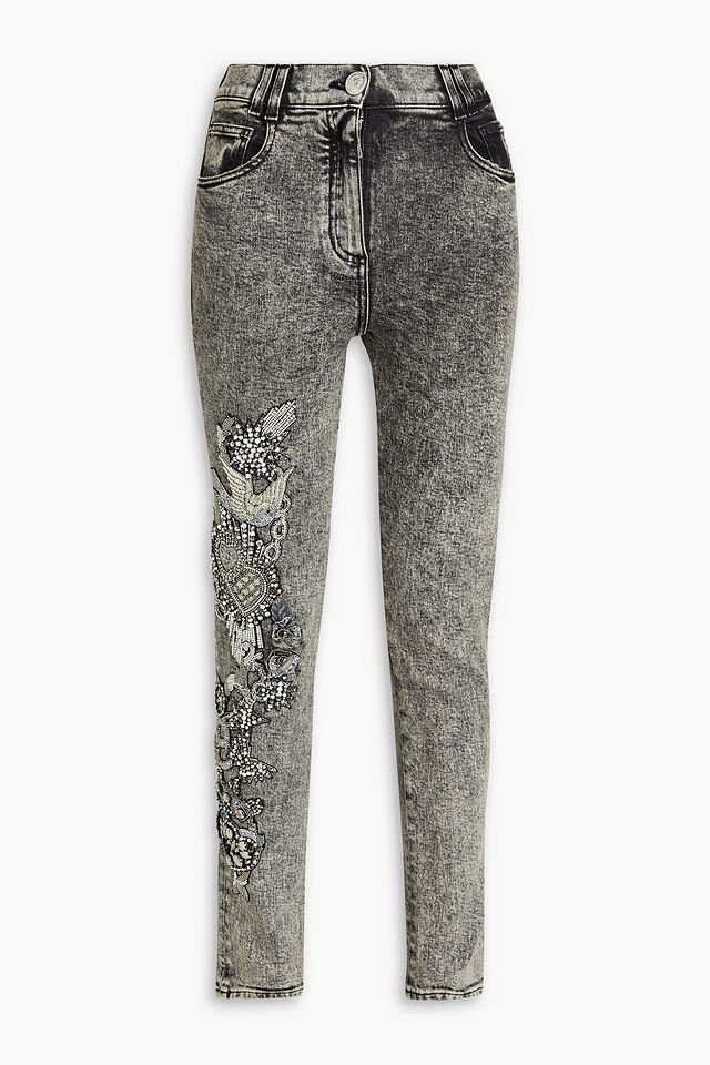 Embellished stone-washed high-rise skinny jeans