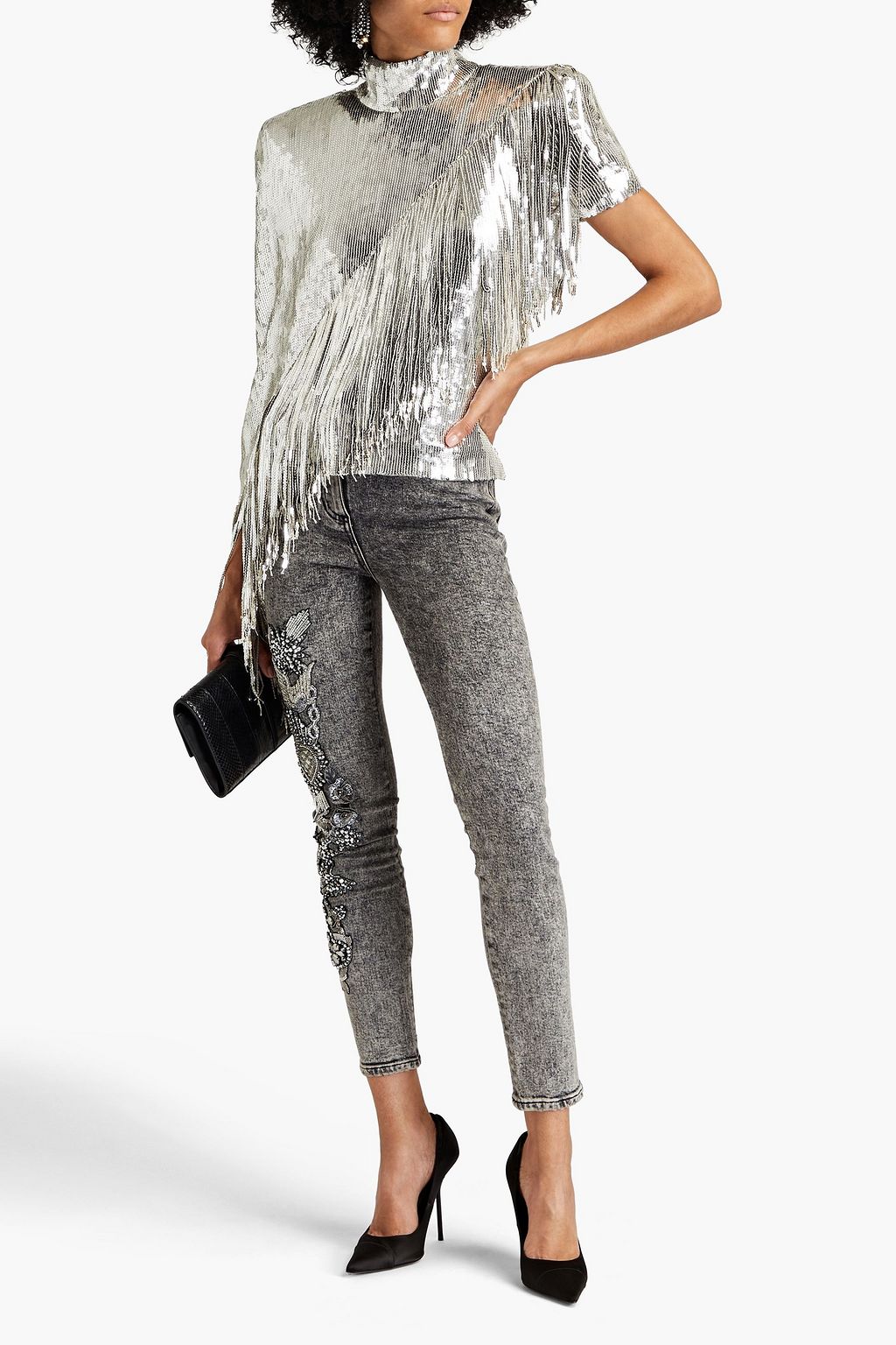 BALMAIN Layered sequined mesh turtleneck top