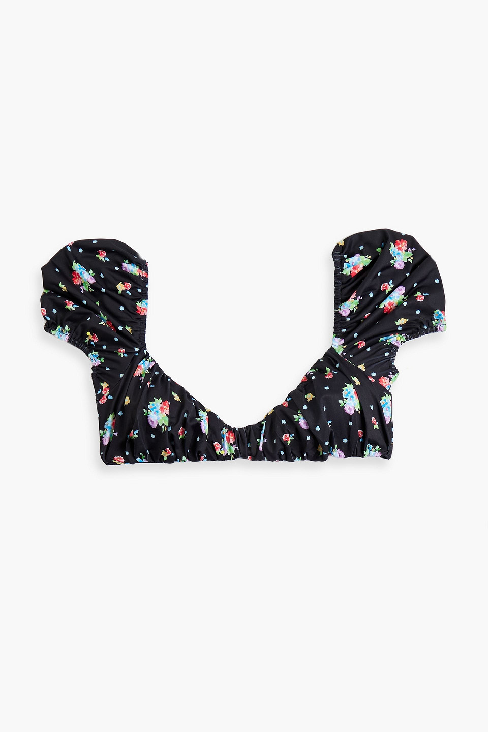 Caroline Constas Zoe Gathered Floral-print Bikini Top In Black