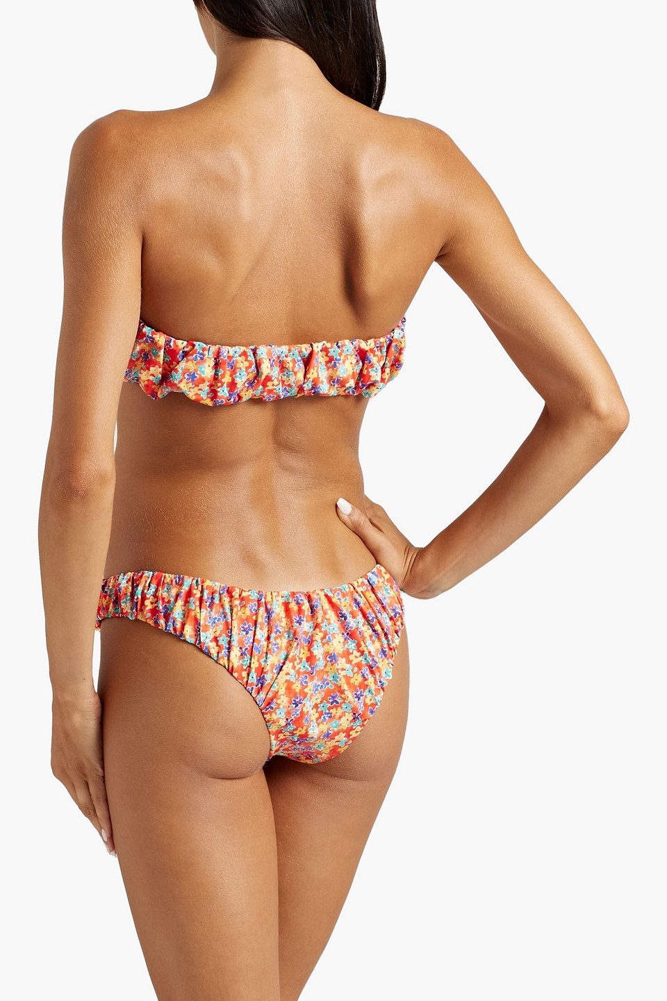 Shop Caroline Constas Dorit Gathered Floral-print Bandeau Bikini Top In Tomato Red