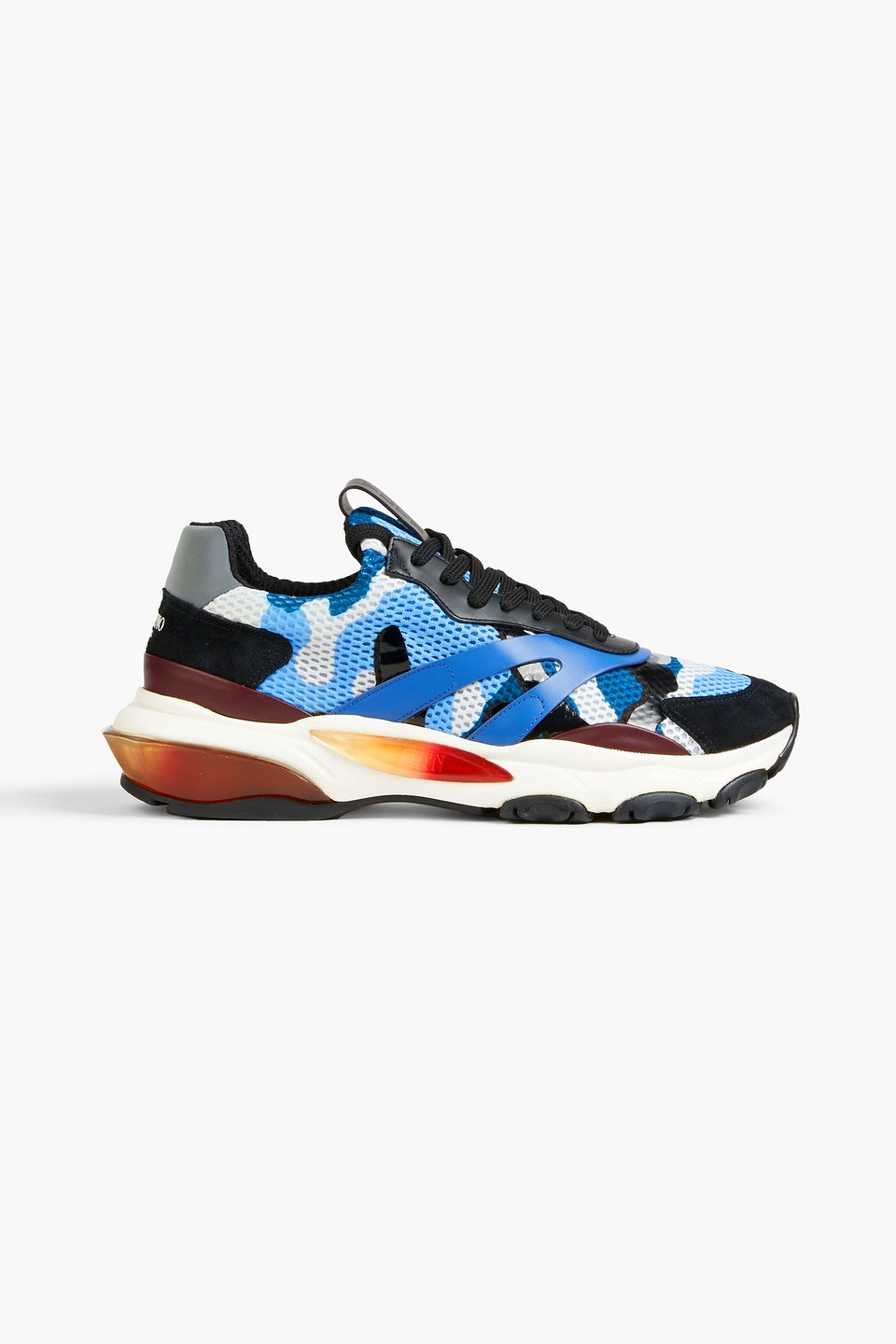 Valentino Garavani Netrunner Suede And Leather-trimmed Camouflage-print Mesh Sneakers In Light Blue