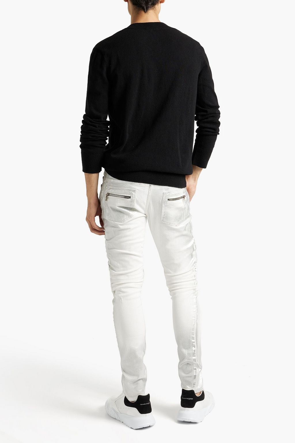 BALMAIN Skinny-fit distressed quilted denim jeans