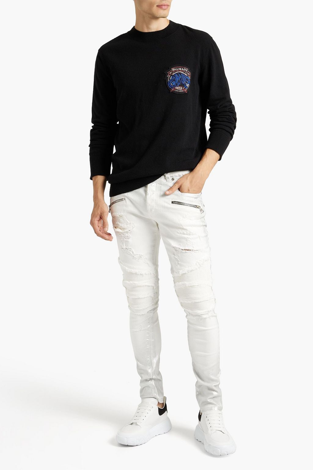 BALMAIN Skinny-fit distressed quilted denim jeans