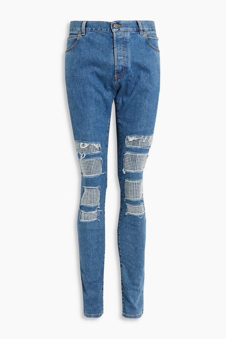 balmain - skinny-fit distressed embellished denim jeans - blue - 31