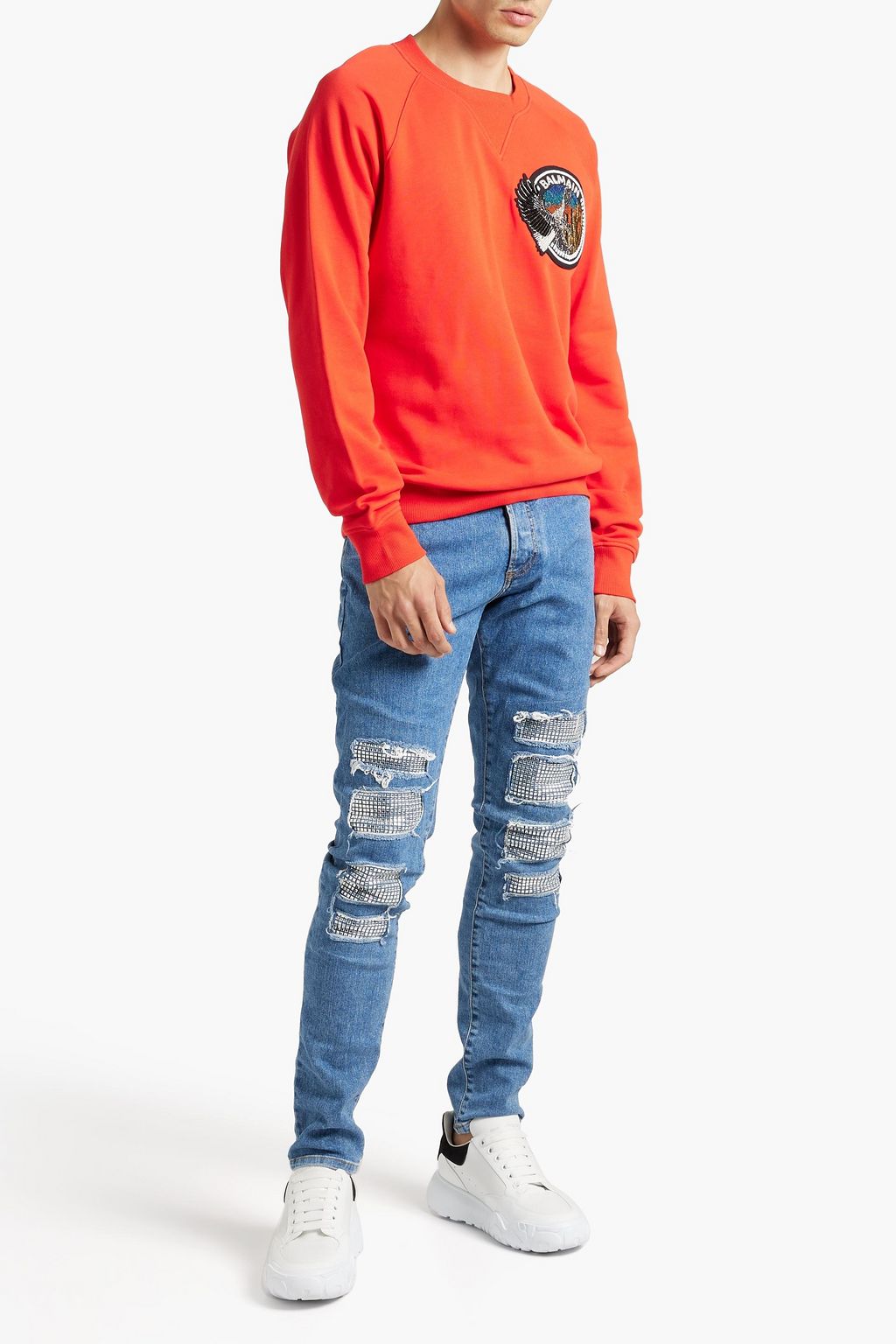 BALMAIN Skinny-fit distressed embellished denim jeans