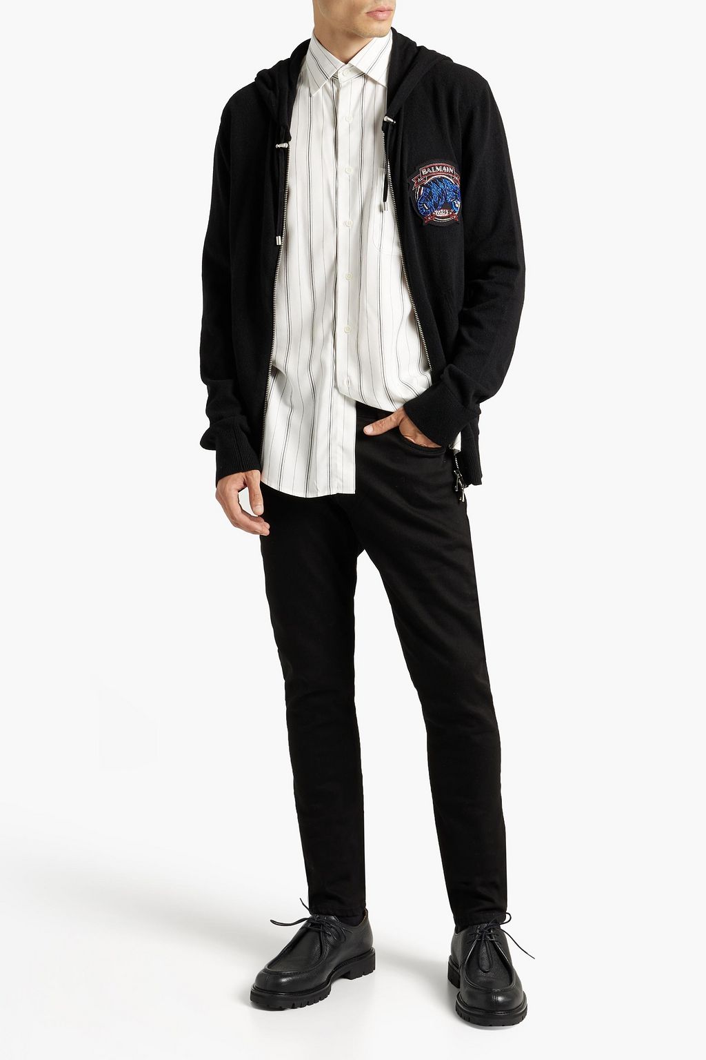 BALMAIN Appliquéd mélange cashmere and wool-blend cardigan