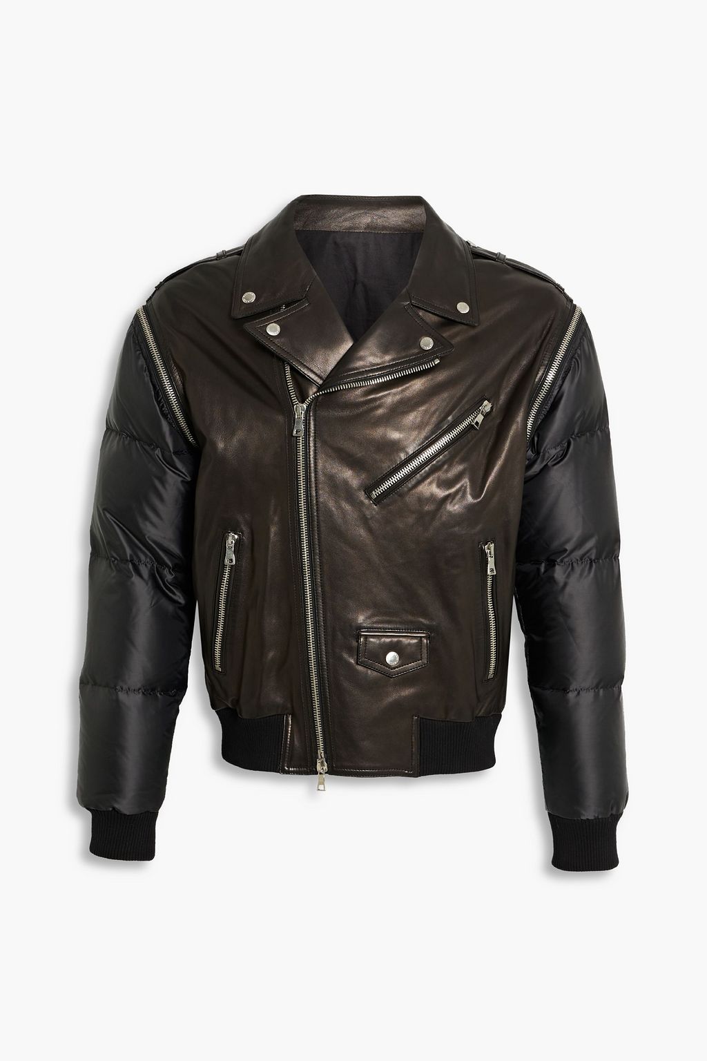 Convertible quilted shell-paneled leather biker jacket