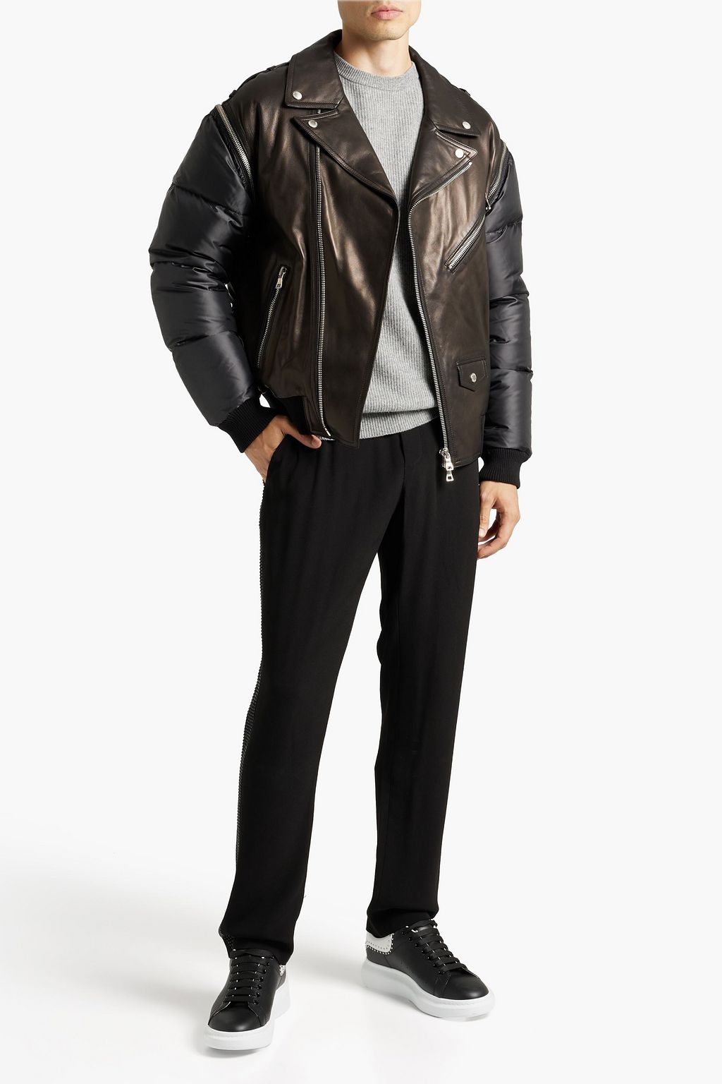 BALMAIN Quilted shell-paneled leather biker jacket