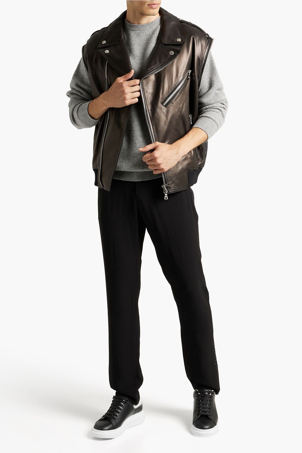 BALMAIN Quilted shell-paneled leather biker jacket