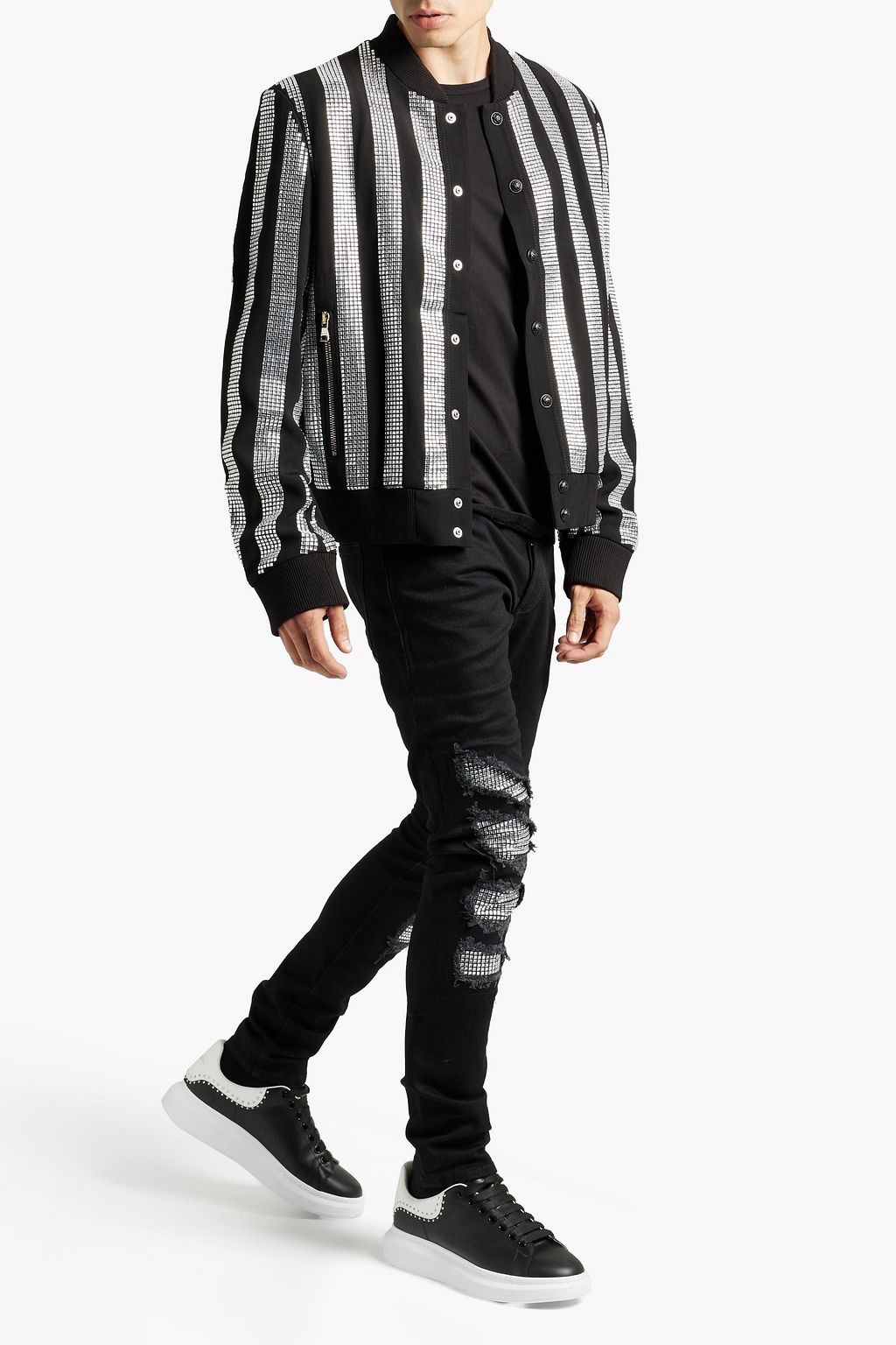 BALMAIN Jeans mit schmalem Bein aus Denim in Distressed-Optik mit Kristallverzierung