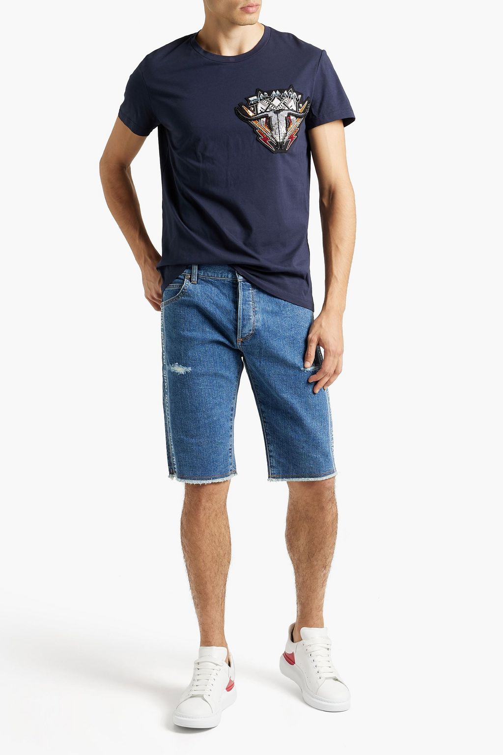 BALMAIN Slim-fit distressed denim shorts