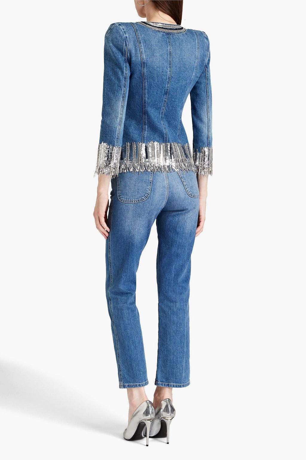 BALMAIN Embellished fringed denim jacket THE