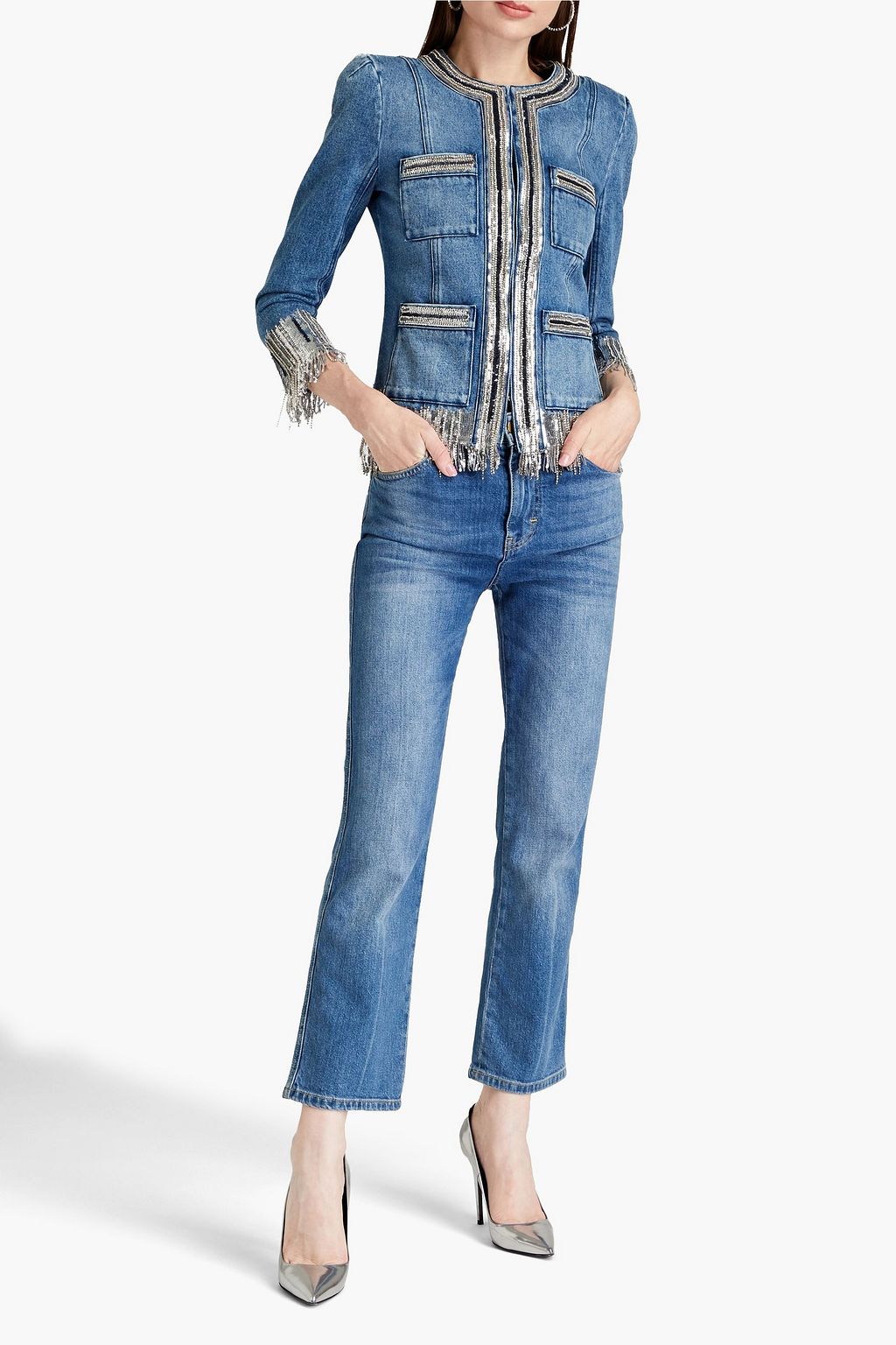 BALMAIN Embellished fringed denim jacket THE