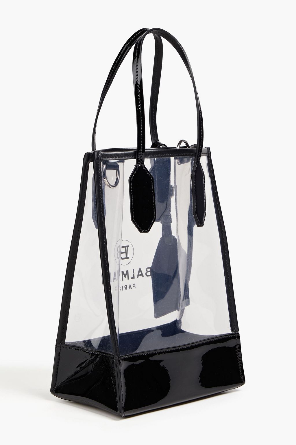 BALMAIN Patent leathertrimmed printed PVC tote THE