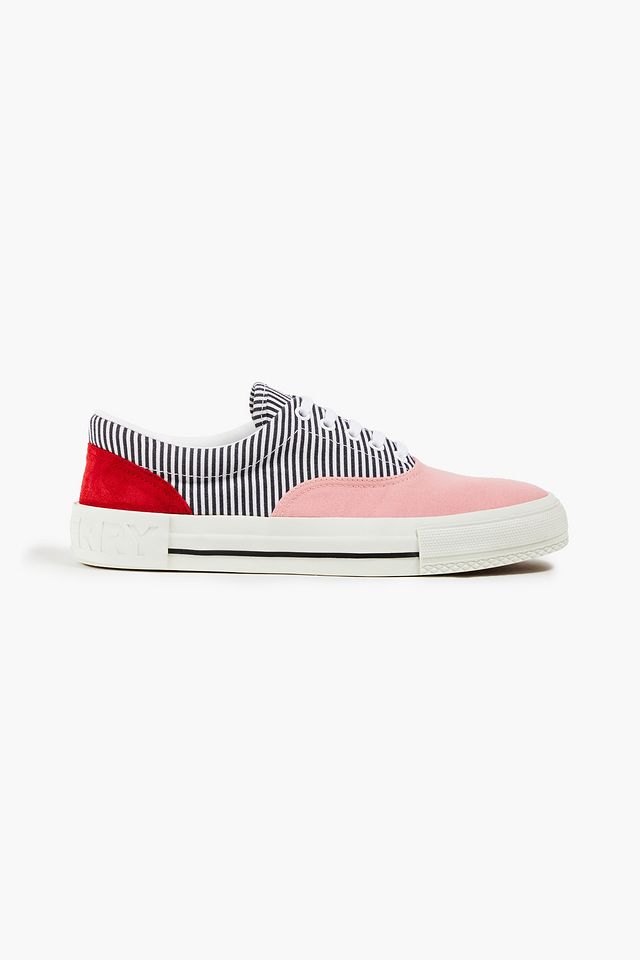 Color-block striped canvas and suede sneakers