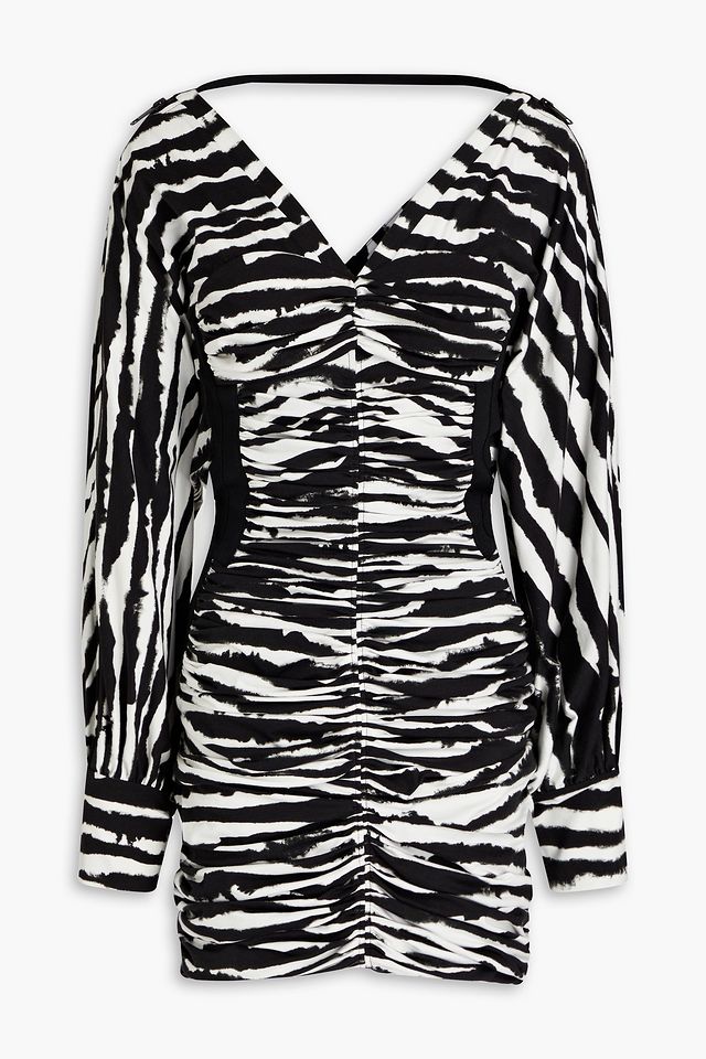 Ruched zebra-print stretch-cotton jersey mini dress