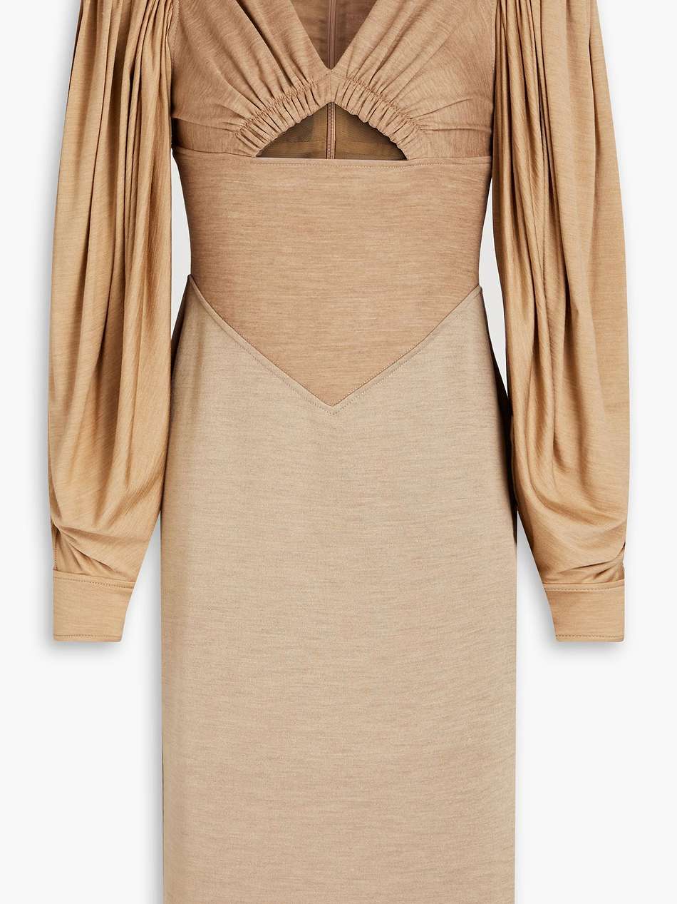 cutout gathered wool and silk-blend jersey dress