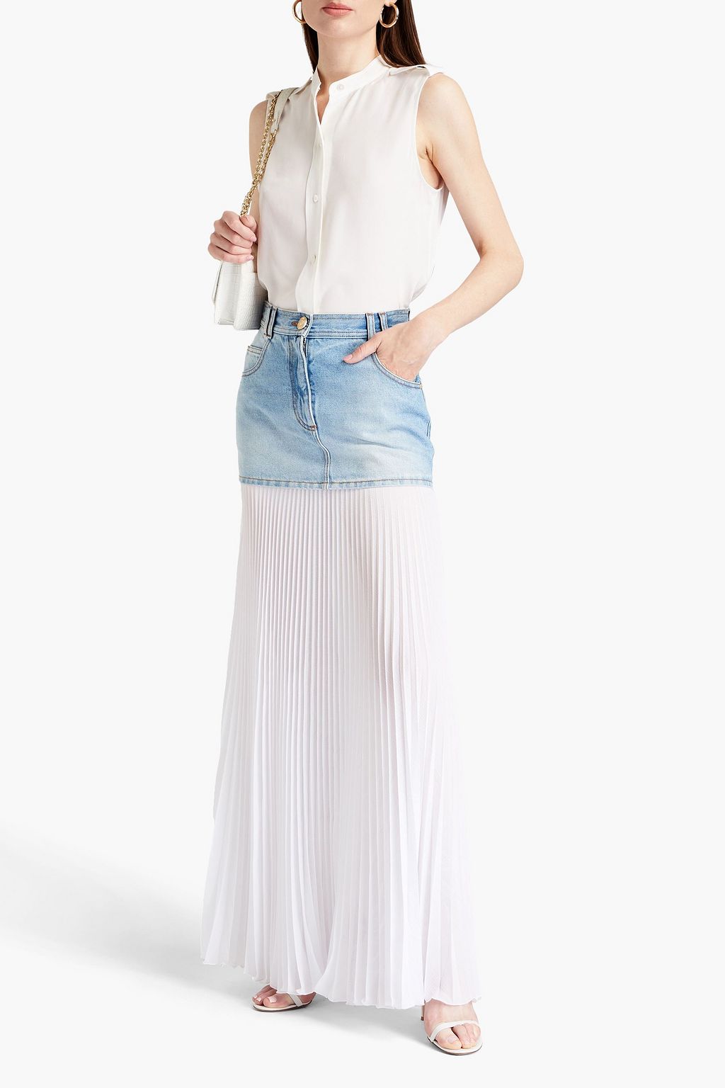 BALMAIN تنورة طويلة من الجينز الباهت بأجزاء من الكريب بتجعيدات رفيعة