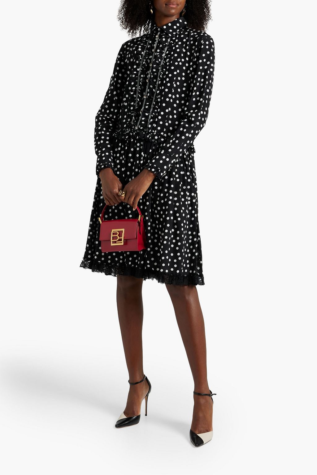 DOLCE&GABBANA Lace-trimmed polka-dot silk-blend crepe dress