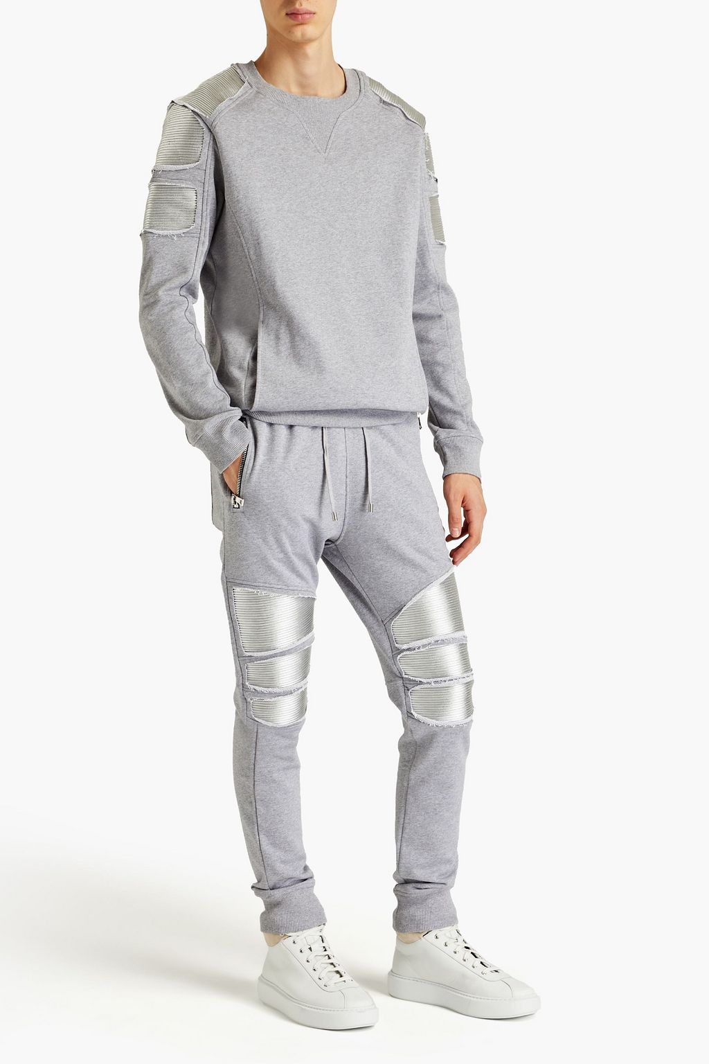 BALMAIN Faux leather-trimmed distressed French cotton terry sweatpants