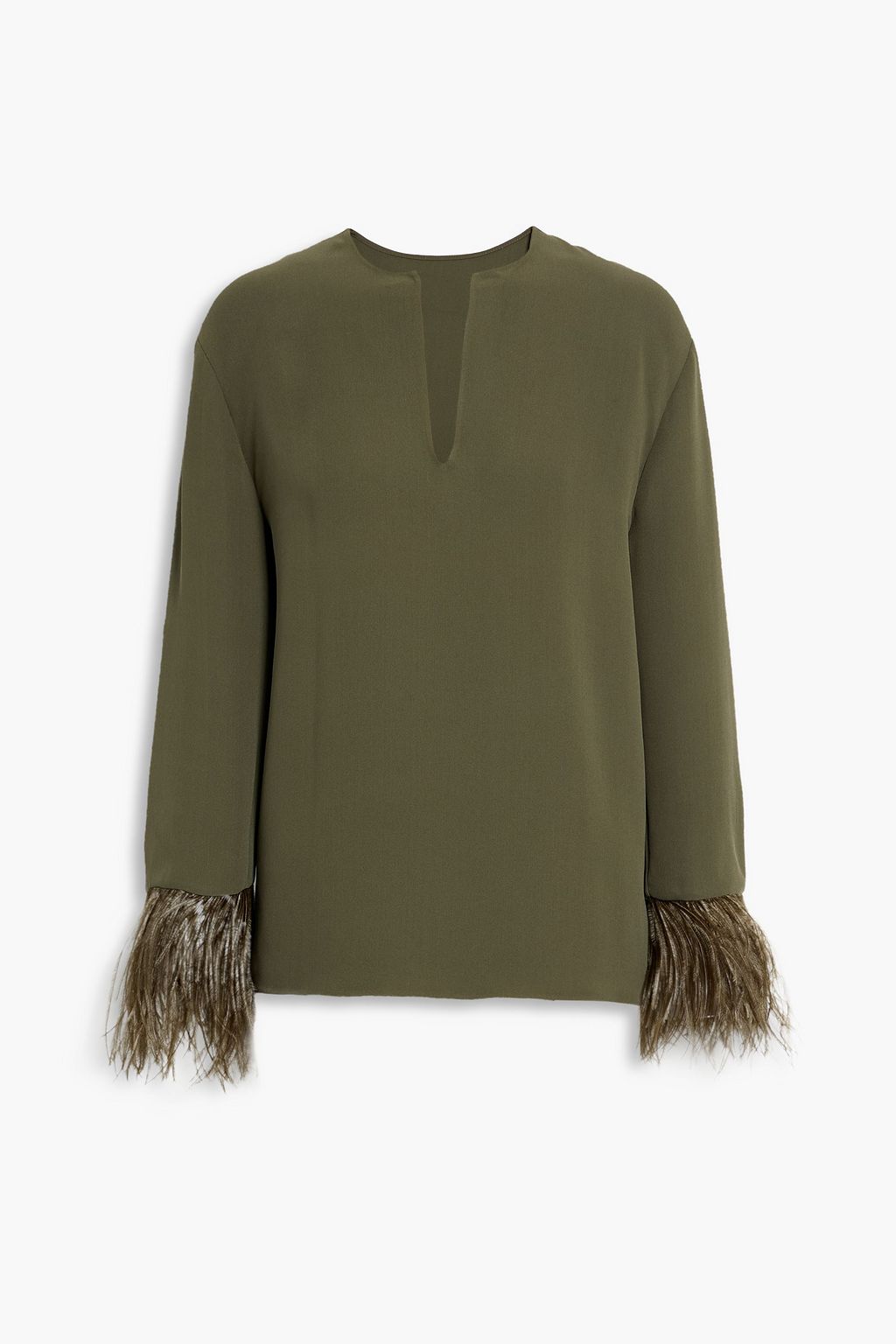 Army green Feather-trimmed silk-cady top | VALENTINO | THE OUTNET