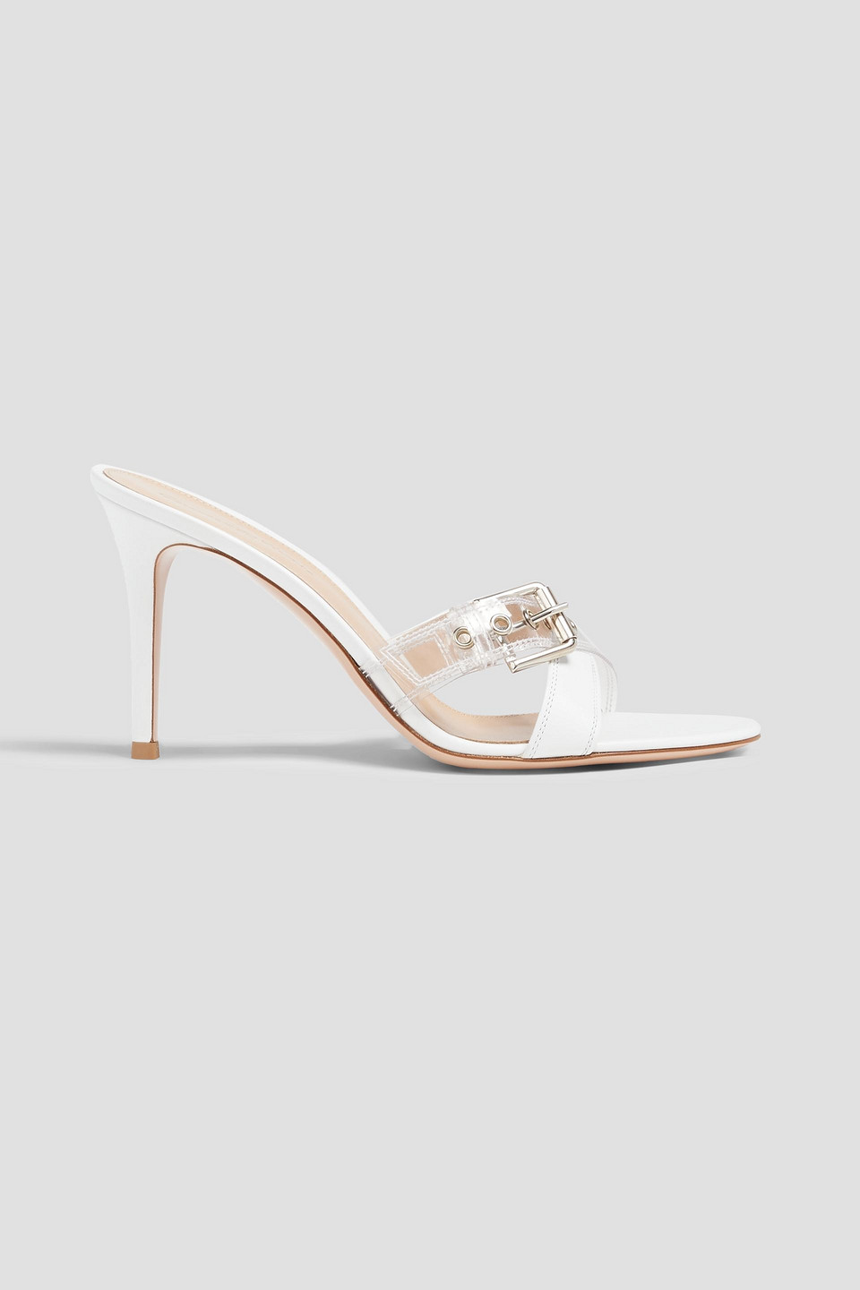 Buckled leather and PVC mules