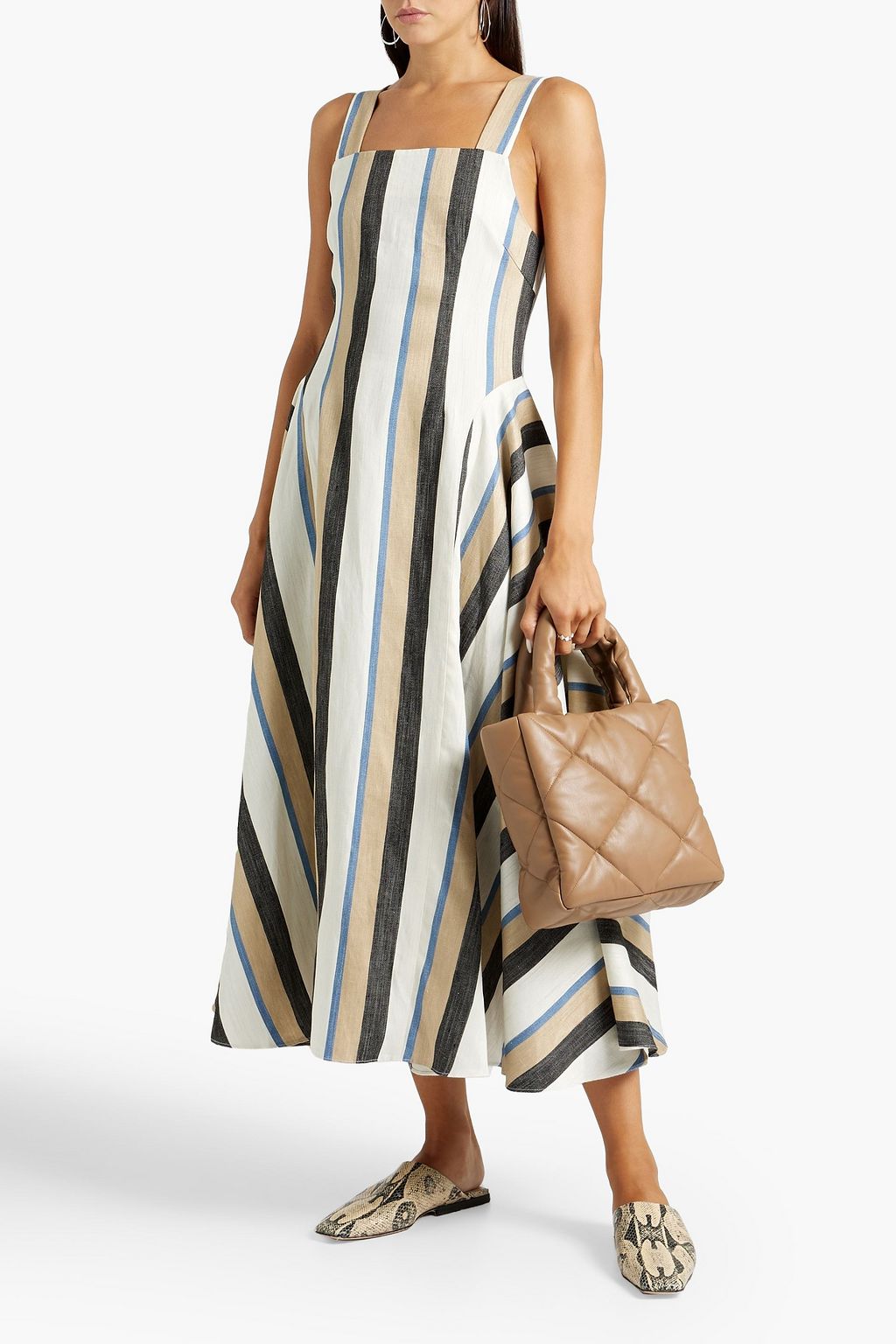 CO Flared striped linen-blend midi dress