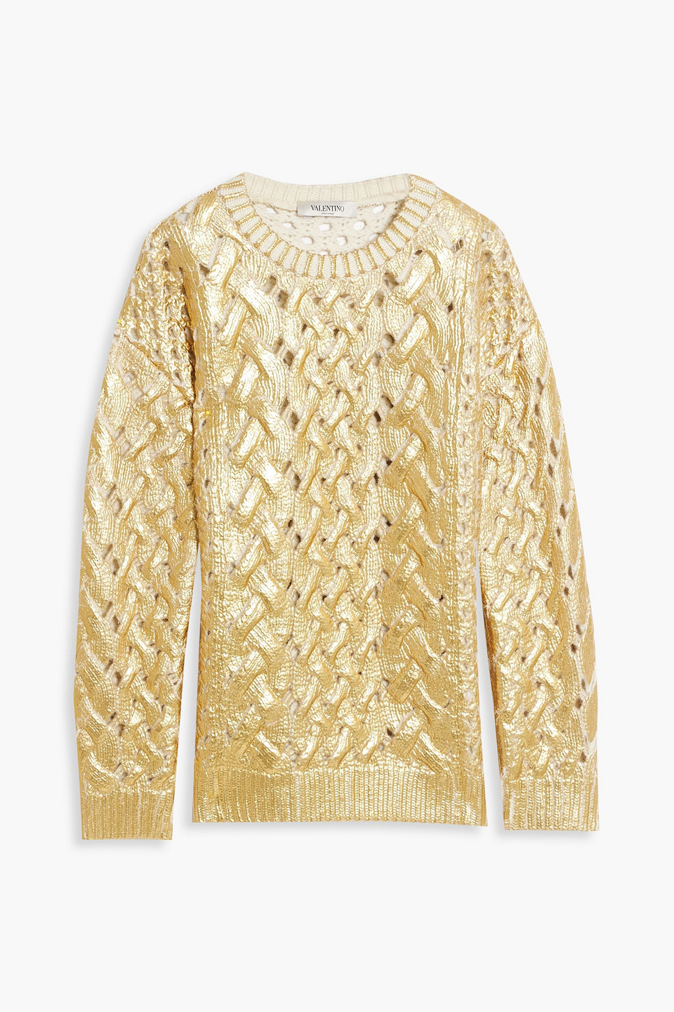 VALENTINO METALLIC COATED OPEN AND CABLE-KNIT WOOL SWEATER,3074457345633221854