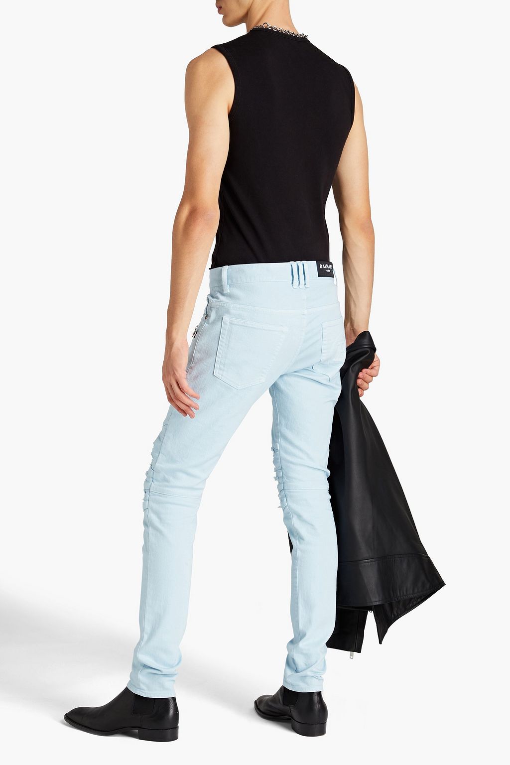 BALMAIN Skinny-fit distressed ribbed denim jeans