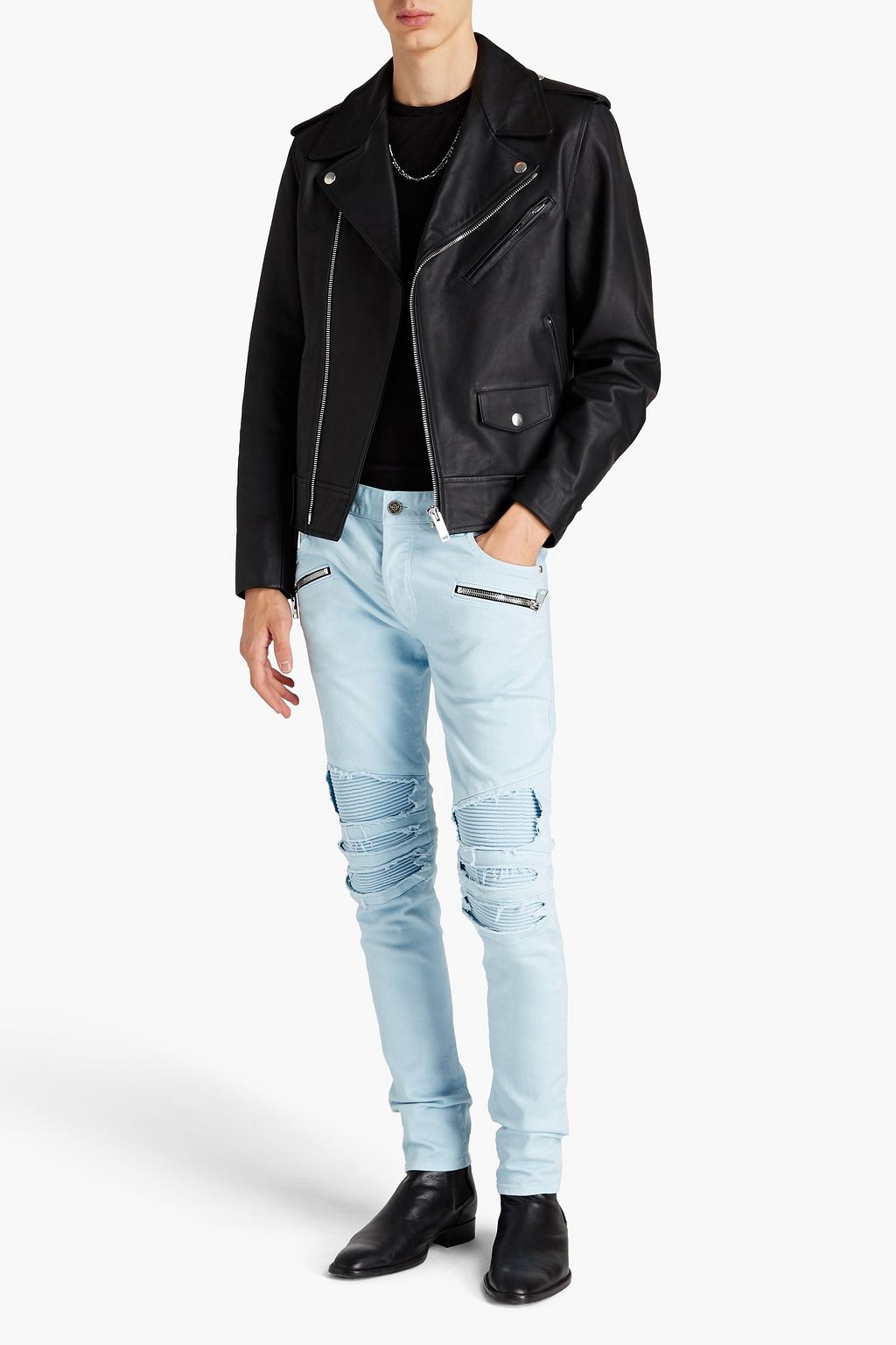 BALMAIN Skinny-fit distressed ribbed denim jeans