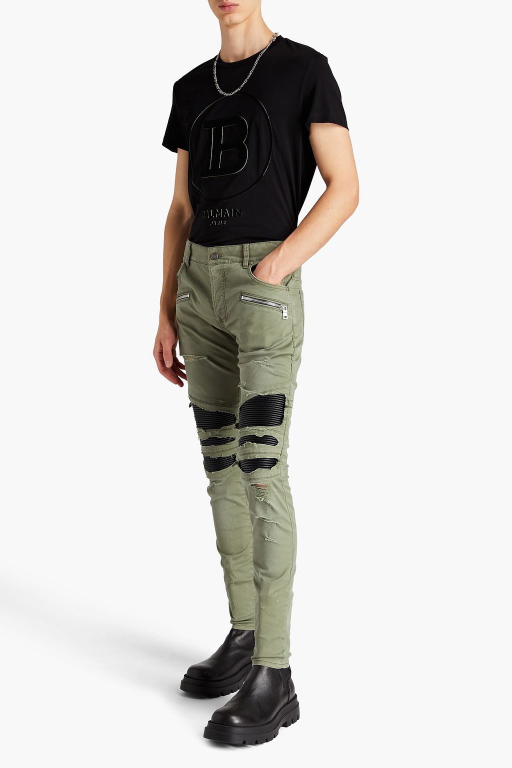 BALMAIN Eng geschnittene Hose aus geripptem Baumwoll-Twill in Distressed-Optik