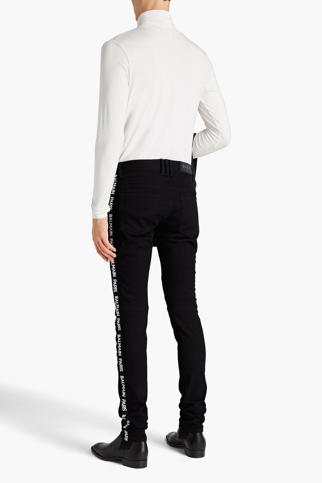 BALMAIN Skinny-fit monogram-trimmed ribbed denim jeans