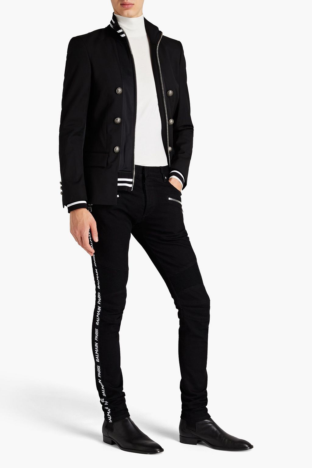 BALMAIN Skinny-fit monogram-trimmed ribbed denim jeans