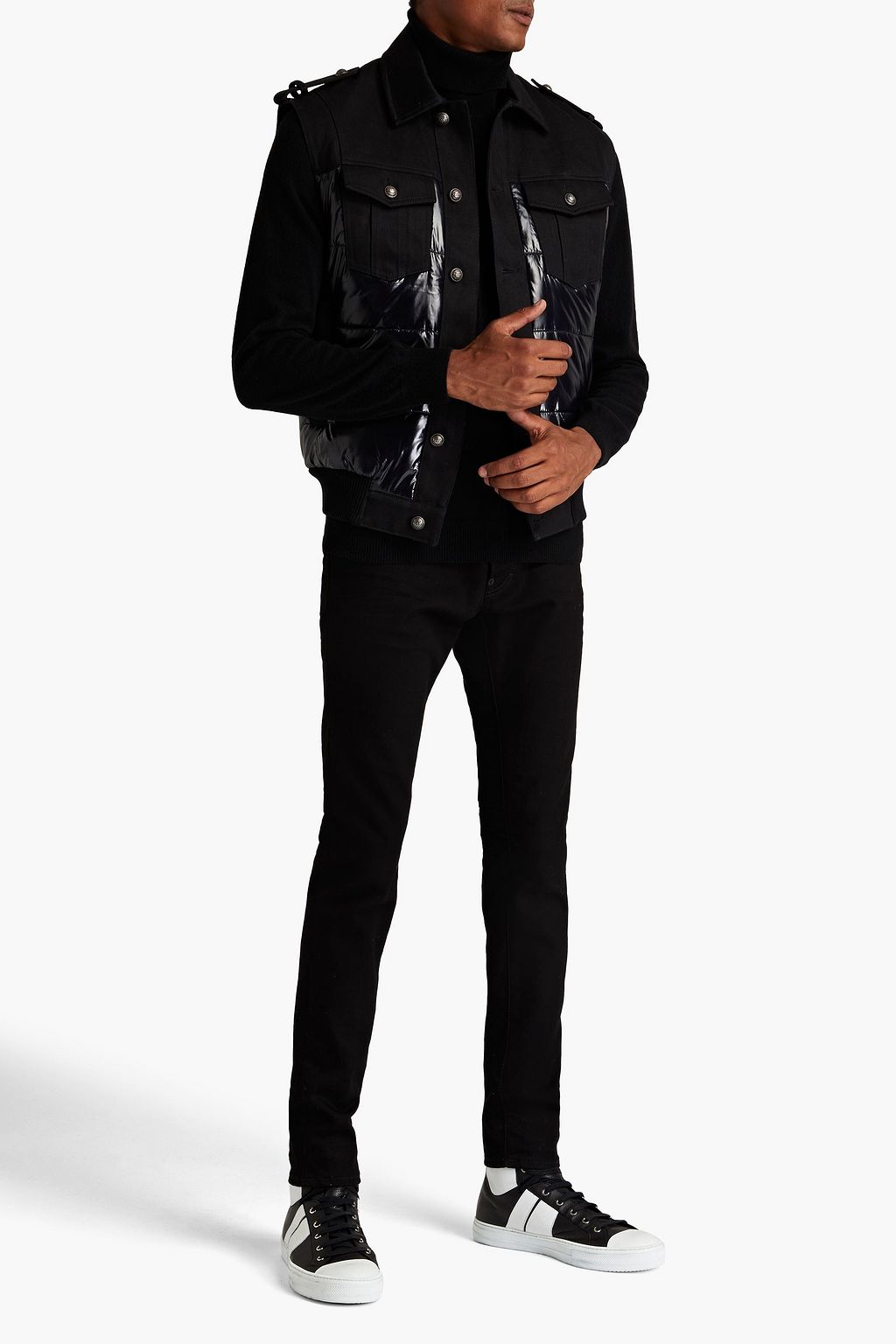 BALMAIN Denim-paneled quilted shell vest