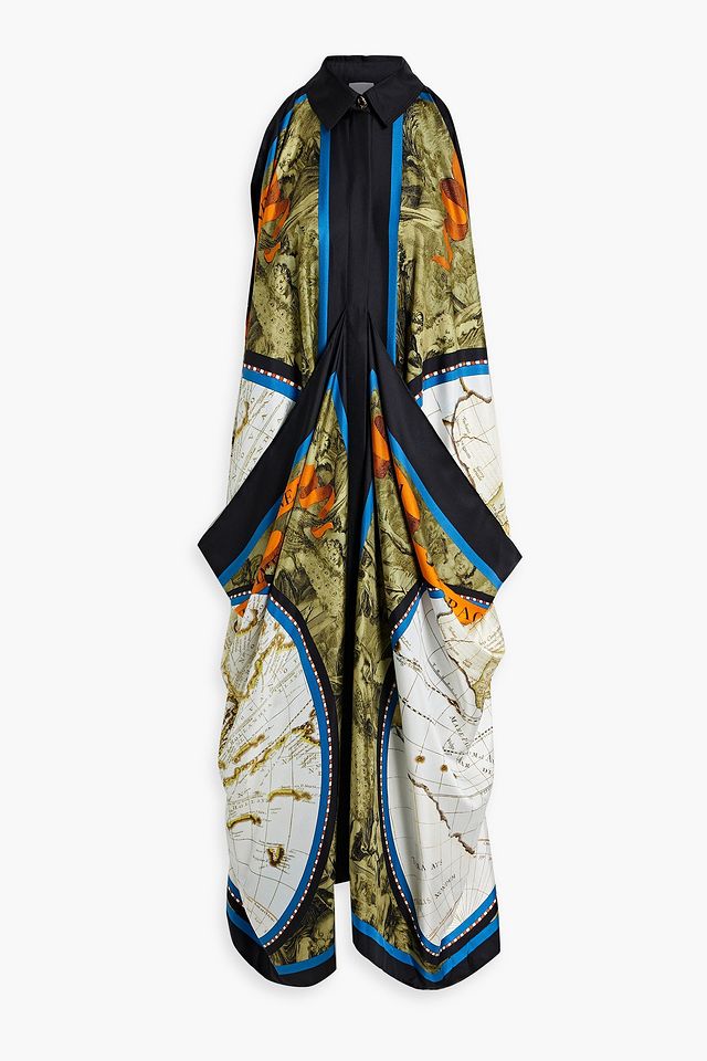 Layered printed silk-twill maxi dress