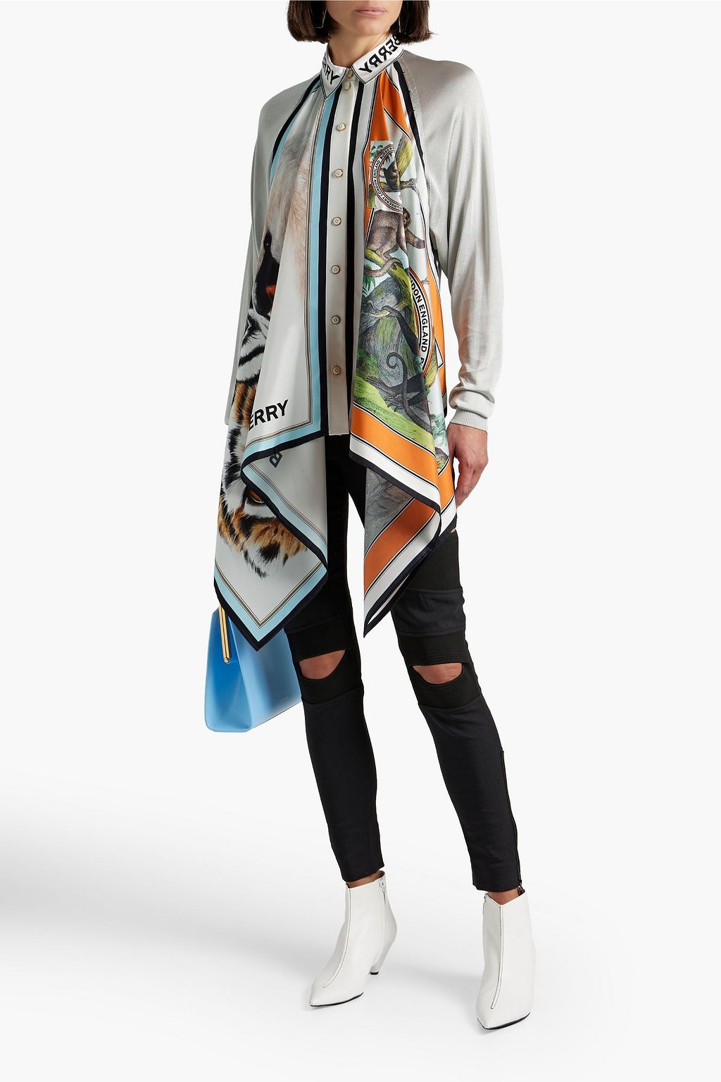 BURBERRY Printed satin twill-paneled knitted blouse